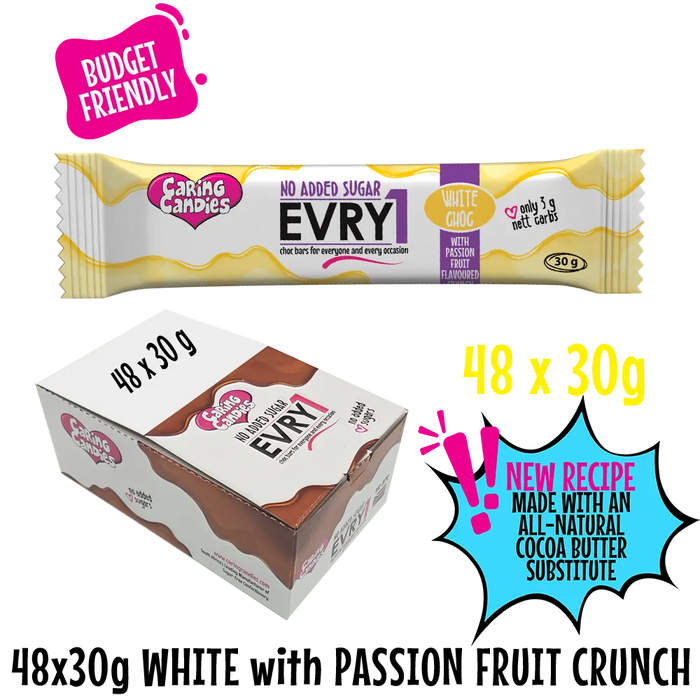 bulk shipper carton showing 48x30g sugarfree evry1 milk chocolate bars with passion fruit flavoured crunch by caring candies