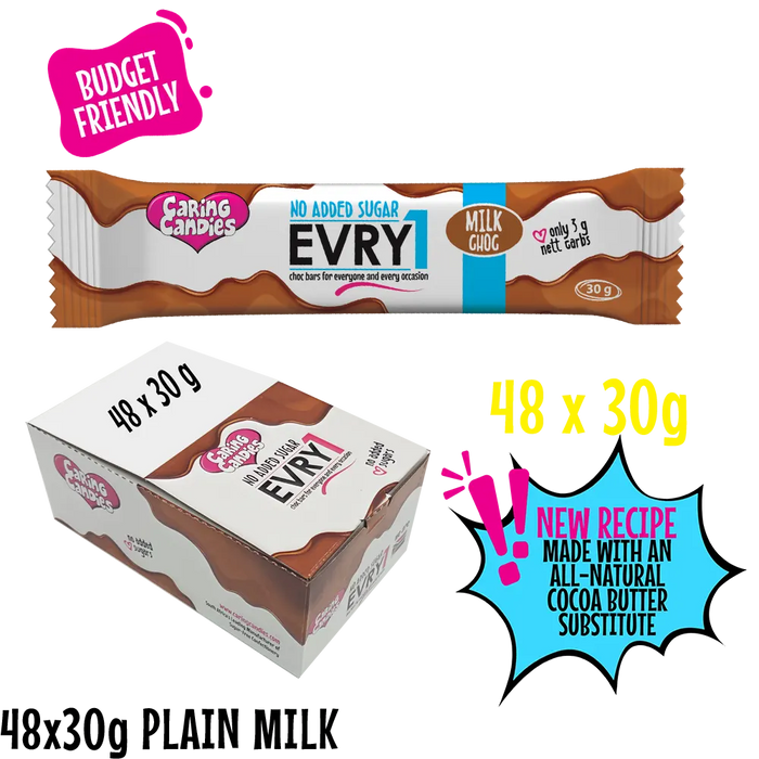 bulk shipper carton showing 48x30g sugarfree evry1 milk chocolate bars by caring candies