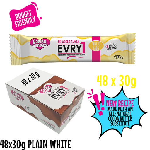 Caring Candies EVRY1 white chocolate bar packaging with text highlighting features.