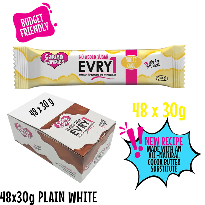bulk shipper carton showing 48x30g sugarfree evry1 white chocolate bars by caring candies