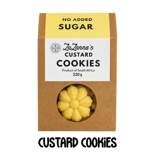 Package of ZuZanna's Sugarfree Custard Cookies with a yellow label indicating no added sugar.