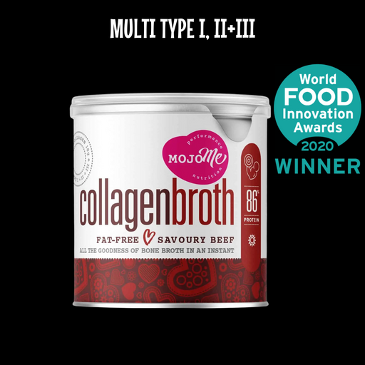 A container of MojoMe Multi-Collagen Beef Bone Broth with the text 'FAT-FREE SAVOURY BEEF' and 'World Food Innovation Awards 2020 WINNER' on the label.