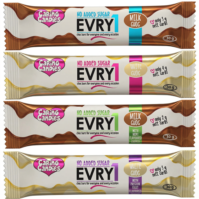 Four 30g Caring Candies no added sugar EVRY1 chocolate bars with different flavours on a white background.