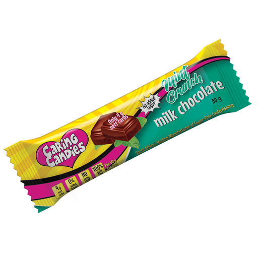 Caring Candies Sugarfree 50g premium milk chocolate for diabetics with peppermint flavoured candy crunch