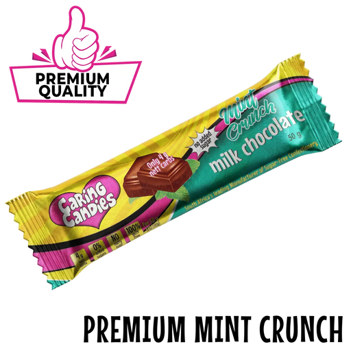 premium quality Caring Candies sugarfree milk chocolate mint crunch candy bar packaging on a clearbackground
