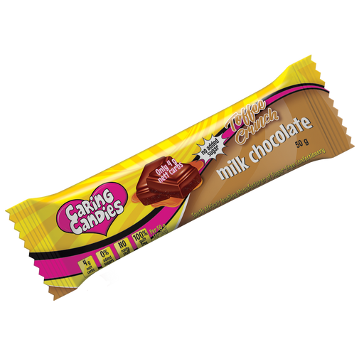 Caring Candies Sugarfree 50g premium milk chocolate for diabetics with toffee flavoured candy crunch