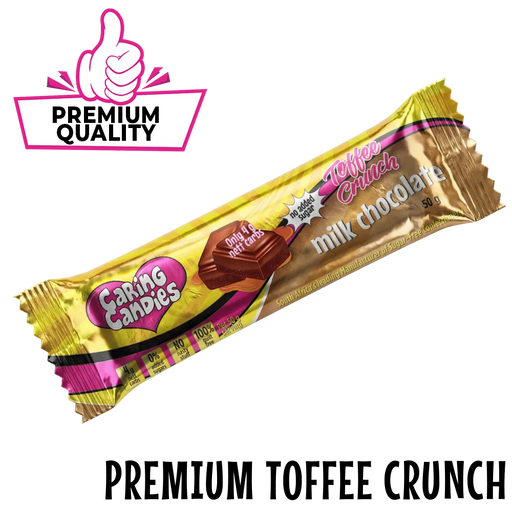 Caring Candies Premium sugarfree Toffee Crunch chocolate bar packaging on a clear background