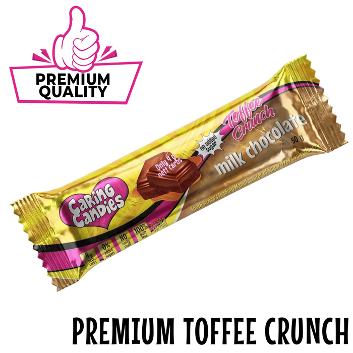 Caring Candies Premium sugarfree Toffee Crunch chocolate bar packaging on a clear background