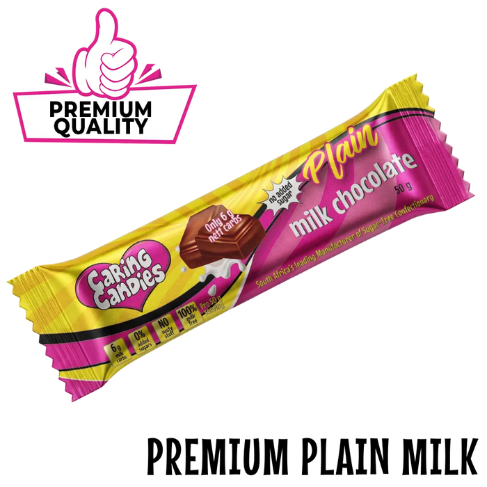premium quality Caring Candies sugarfree milk chocolate bar packaging on a clear background