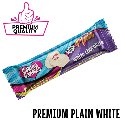 Bar of Caring Candies sugarfree plain white chocolate with 'Premium Quality' label on a white background