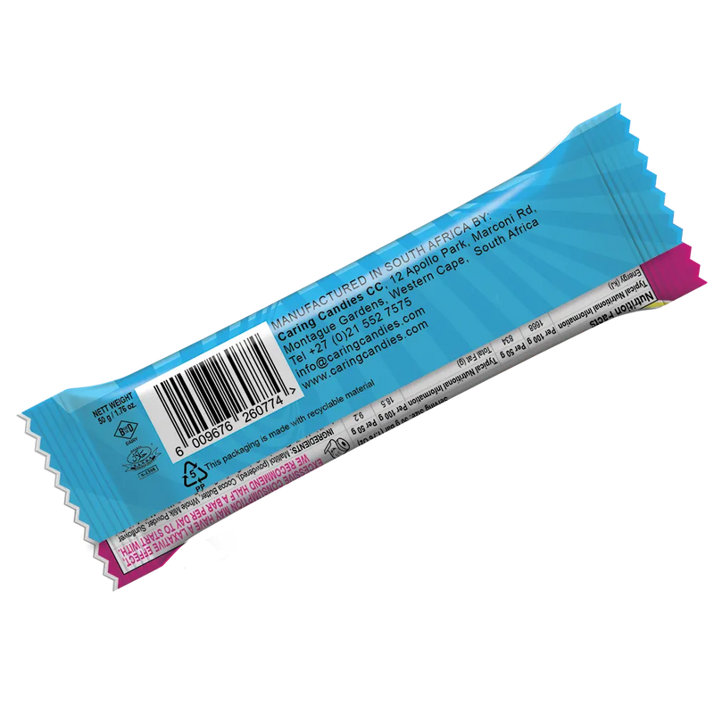 Back view of Caring candies Sugarfree 50g premium white chocolate with a sour cherry crunch