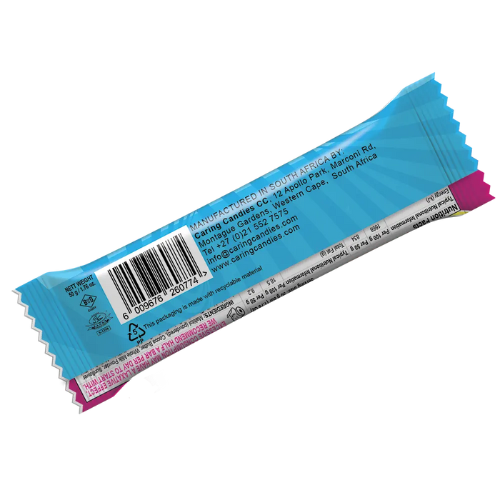 Back view of Caring candies Sugarfree 50g premium white chocolate with a sour cherry crunch