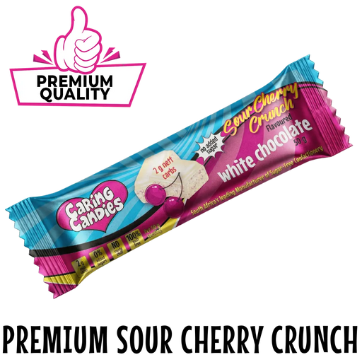 50g Sugarfree White chocolate with sour cherry flavoured candy crunch by caring candies