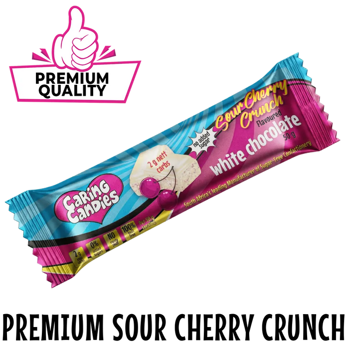 50g Sugarfree White chocolate with sour cherry flavoured candy crunch by caring candies