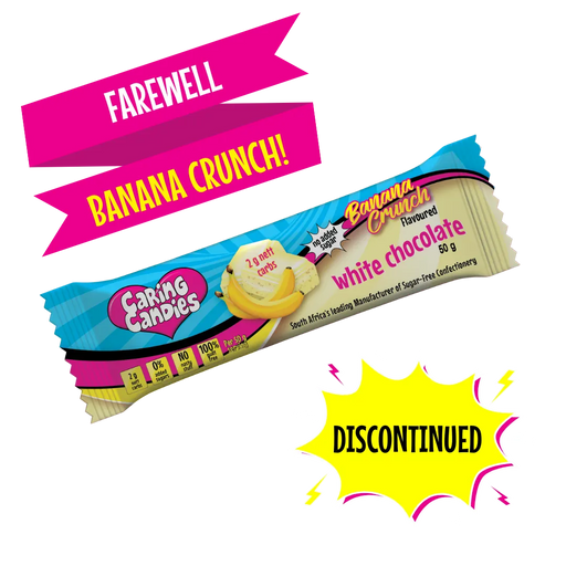 Caring Candles Banana Crunch white chocolate candy bar with 'Farewell Banana Crunch' and 'Discontinued' text on a transparent background.
