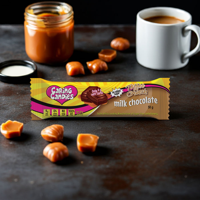 Caring Candles sugar-free milk chocolate bar with caramels and coffee on a dark surface