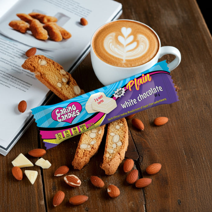 Café with plain white caring candies chocolate bar on a wooden surface