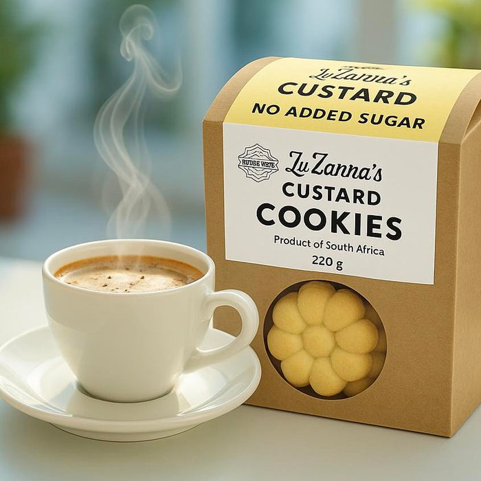 Zuzanna's Sugarfree Custard Cookies packaging with a steaming cup of coffee on a blurred background