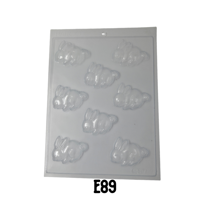 Clear reusable easter chocolate or soap mould of a few small bunnies