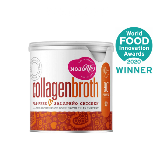 A packaged product labeled 'Collagen Bone Broth Jalapeno Chicken' by MojoMe in a white container with orange and black design elements, indicating it is an instant food product with collagen peptides and a spicy flavor.