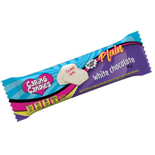 front view of caring candies sugar-free 50g premium white chocolate bar