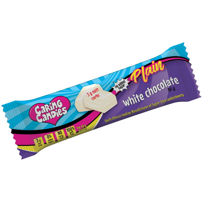 50g No Added Sugar Plain Vanilla White Chocolate Bar from Caring Candies. Suitable for Diabetic, Low Carb, Glutenfree, Halaal, Keto, and Kosher lifestyles