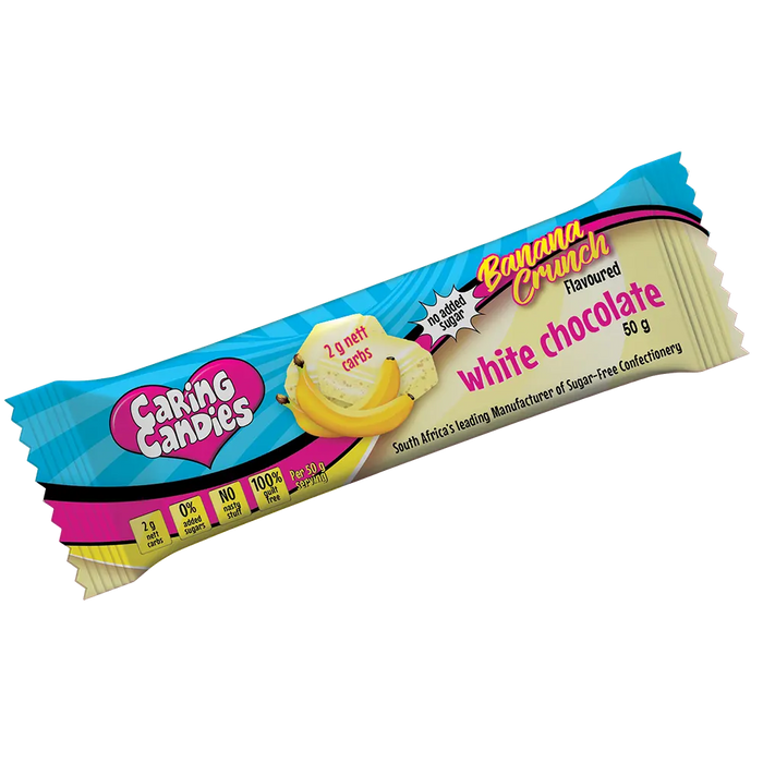 caring candies sugar-free 50g premium white chocolate bars with banana crunch flavour. Ideal for those following a diabetic, gluten-free, sugar-free, keto, banting, and low carb lifestyle diet