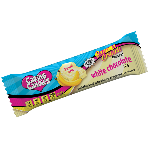 50g No Added Sugar White Chocolate bar with Banana flavoured Crunch from Caring Candies. Suitable for Diabetic, Low Carb, Glutenfree, Halaal, Keto, and Kosher lifestyles