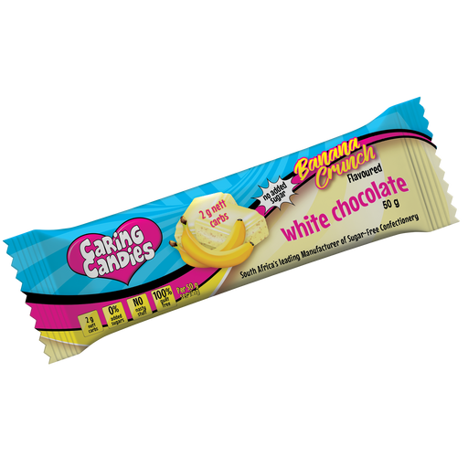 50g No Added Sugar Plain Vanilla White with Banana Crunch Chocolate Bar from Caring Candies