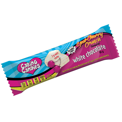 caring candies sugar-free 50g premium white chocolate bars with sour cherry crunch flavour. Ideal for those following a diabetic, gluten-free, sugar-free, keto, banting, and low carb lifestyle diet