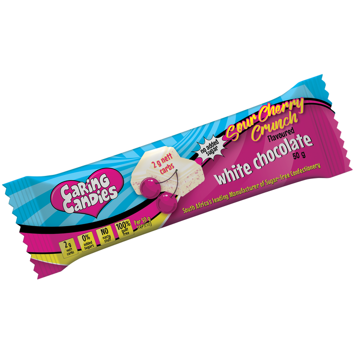 50g No Added Sugar White Chocolate barwith Sour Cherry flavoured Crunch from Caring Candies. Suitable for Diabetic, Low Carb, Glutenfree, Halaal, Keto, and Kosher lifestyles
