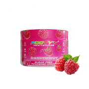 A pink tub of Footy's Raspberry sugar free powdered drink mix, shown with three fresh raspberries on a plain white background.