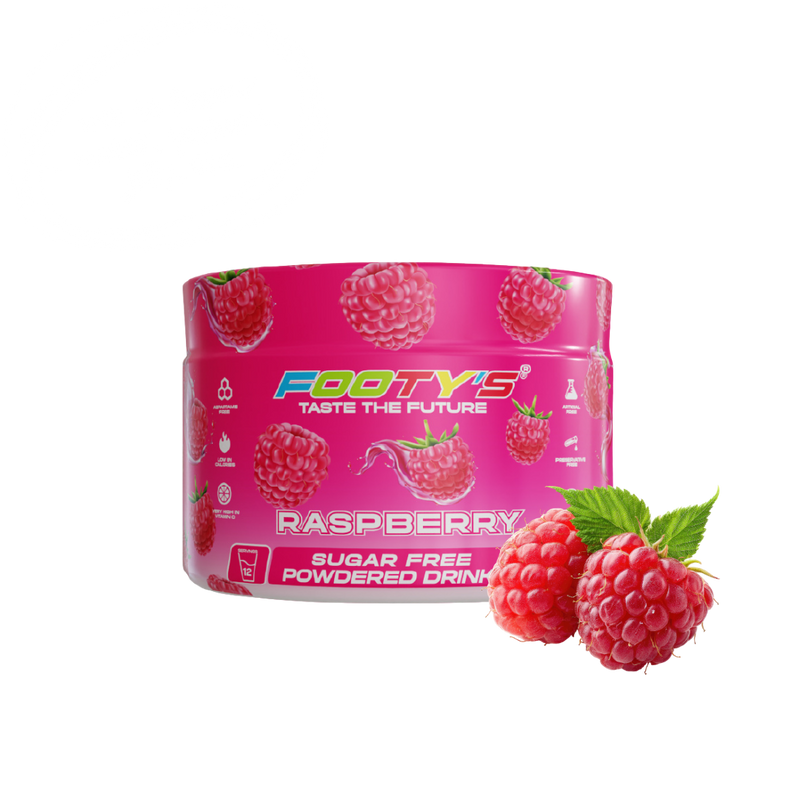 A pink tub of Footy's Raspberry sugar free powdered drink mix, shown with three fresh raspberries on a plain white background.