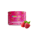 A pink tub of Footy's Raspberry sugar free powdered drink mix, shown with three fresh raspberries on a plain white background.