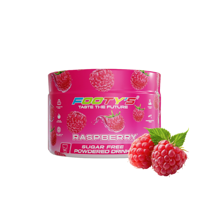 A pink tub of Footy's Raspberry sugar free powdered drink mix, shown with three fresh raspberries on a plain white background.