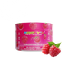 A pink tub of Footy's Raspberry sugar free powdered drink mix, shown with three fresh raspberries on a plain white background.