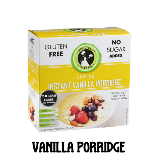 Gluten free vanilla porridge from Gracious Bakers. Sugar free, and suitable for Diabetics, banting, and keto diets