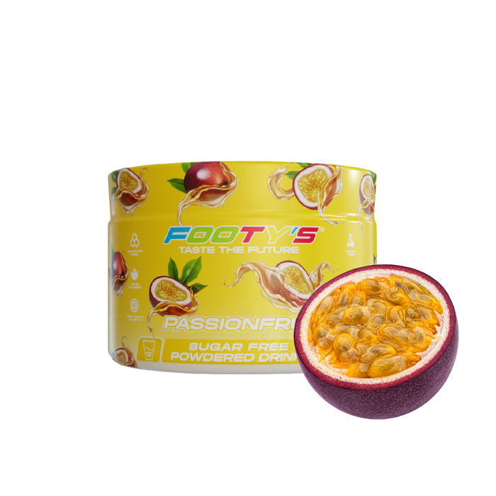 A yellow tub of Footys Passionfruit Sugar Free Powdered Drink mix next to a fresh halved passionfruit on a white background.
