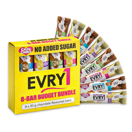 Box of 8 30g no added sugar EVRY1 chocolate bars on a clear background