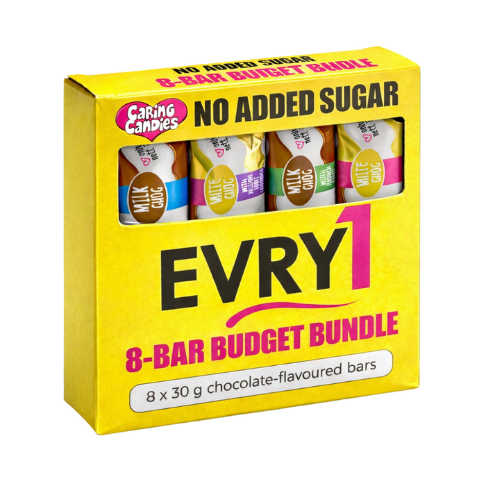 Box of EVRY1 no added sugar chocolate-flavoured bars with visible branding.