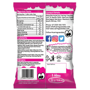 Back view of pack of caring candies sugarfree little lollipops showing nutritional information, ingredients and contact details