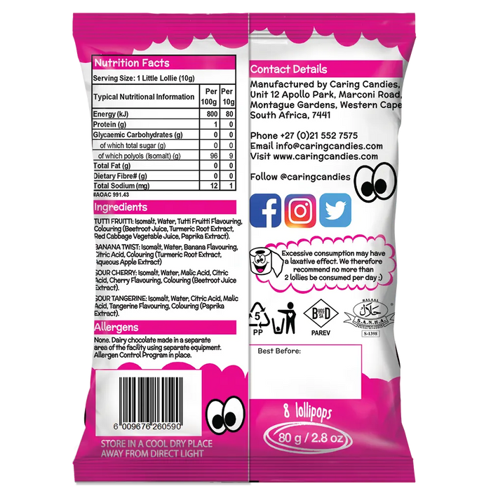 Back view of pack of caring candies sugarfree little lollipops showing nutritional information, ingredients and contact details