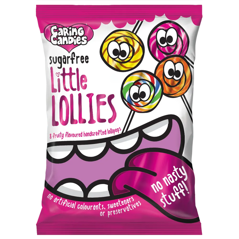 Packet of Caring Candies Sugarfree Little Lollies with colourful lollipops on a transparent background