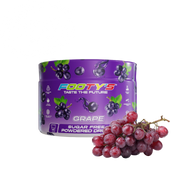 A purple tub of Footys Grape flavour sugar free powdered drink mix, shown next to a fresh cluster of red-purple grapes on a plain white background.