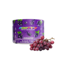 A purple tub of Footys Grape flavour sugar free powdered drink mix, shown next to a fresh cluster of red-purple grapes on a plain white background.