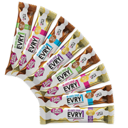 8 30g no added sugar EVRY1 chocolate bars on a clear background