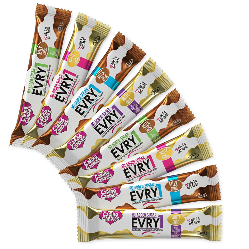 8 30g no added sugar EVRY1 chocolate bars on a clear background