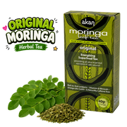 Akan Moringa Leaf Tea box in green packaging shown next to fresh green moringa leaves and loose dried tea powder on a white background, with a large 'Original Moringa Herbal Tea' graphic overlay on the left.