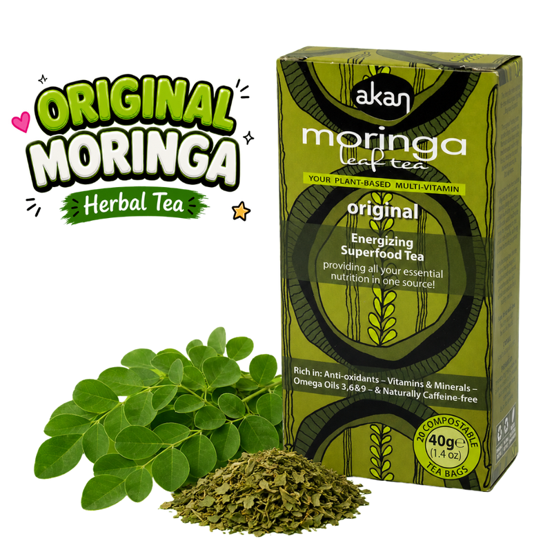 Akan Moringa Leaf Tea box in green packaging shown next to fresh green moringa leaves and loose dried tea powder on a white background, with a large 'Original Moringa Herbal Tea' graphic overlay on the left.