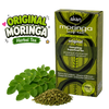 Akan Moringa Leaf Tea box in green packaging shown next to fresh green moringa leaves and loose dried tea powder on a white background, with a large 'Original Moringa Herbal Tea' graphic overlay on the left.